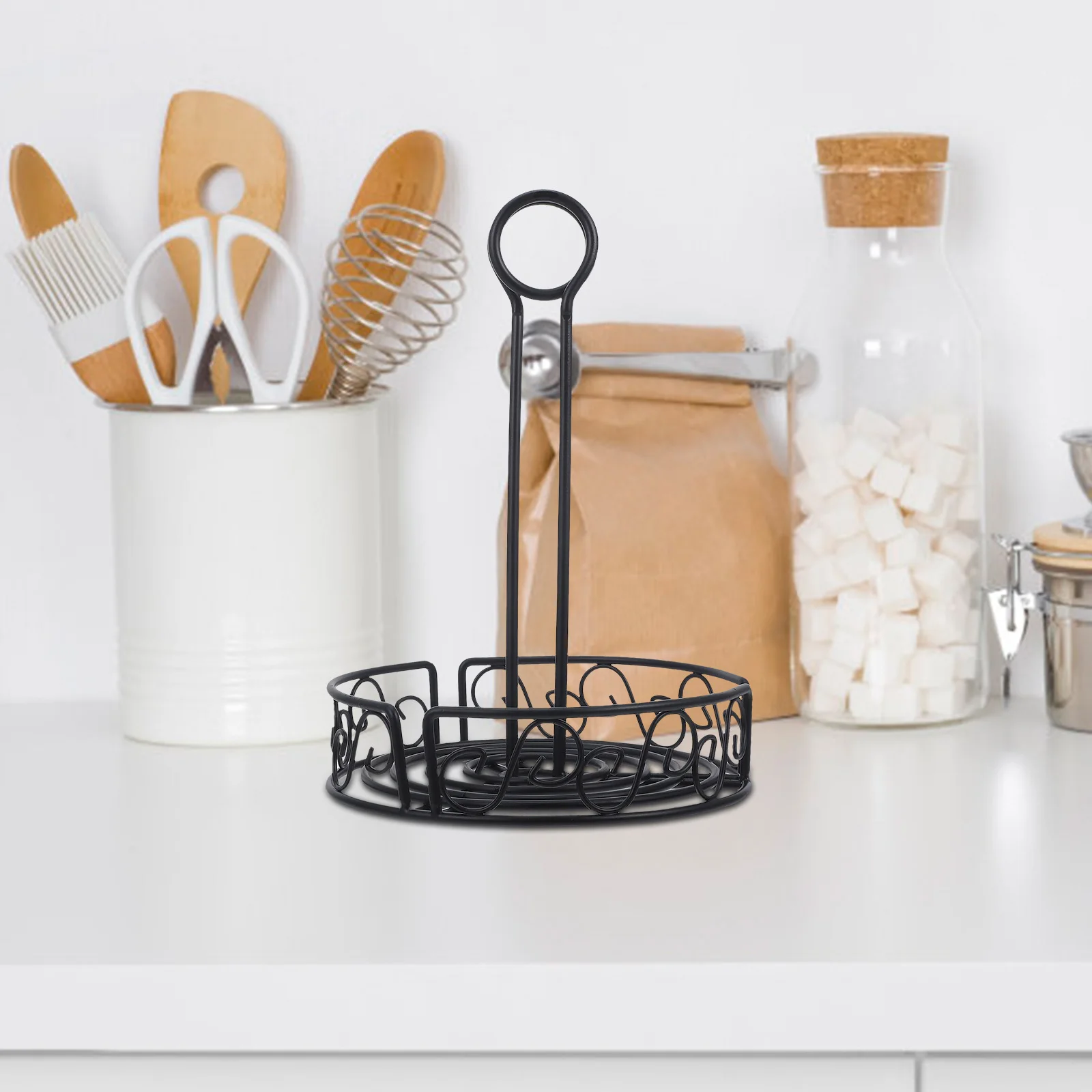 

Cast Iron Wire Spice Basket Round Rack Seasoning Organizer Kitchen Countertop Spice Jar and Condiment Holder