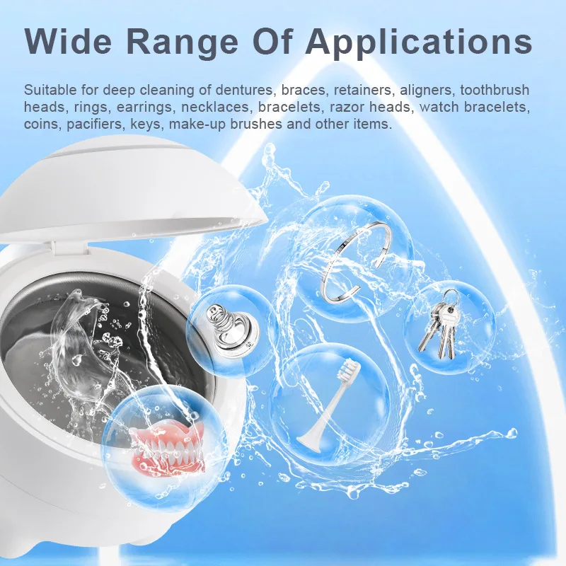 Professional Ultrasonic Cleaner 180ml Stainless Steel Tank 48kHz Jewelry Watches Braces Dentures 360° Deep Cleaning Machine