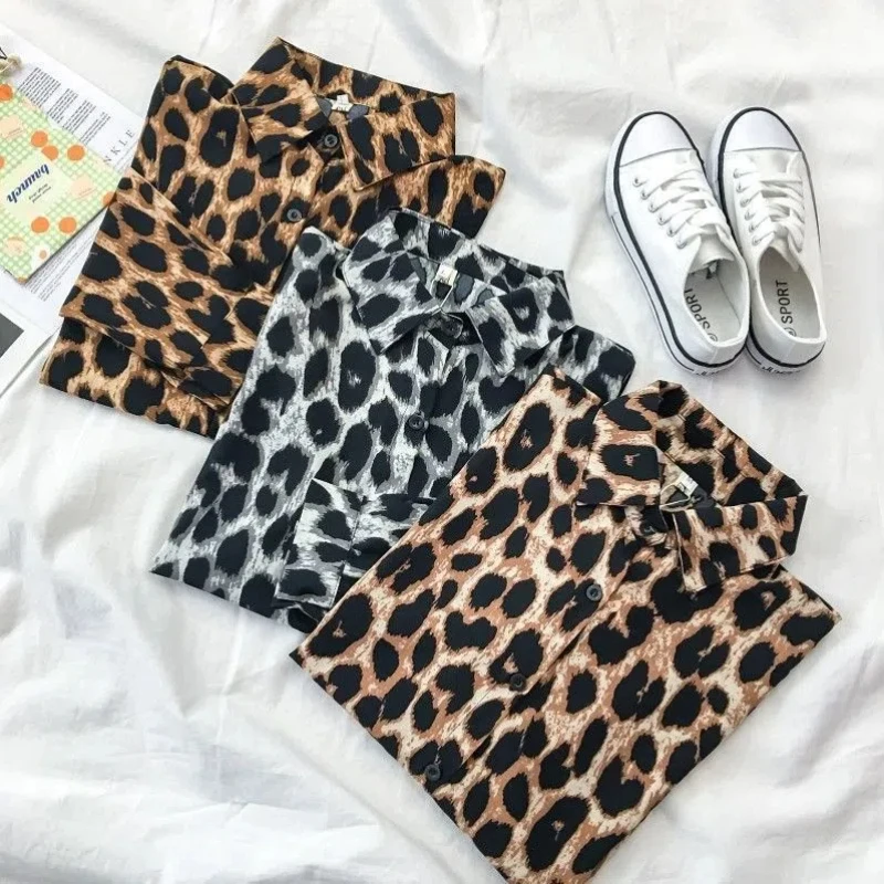 Street Casual Leopard Print Shirt Tops Women's Polo Neck Long Sleeve Loose All-match Fashion Blouse Vintage Trend Women Clothing