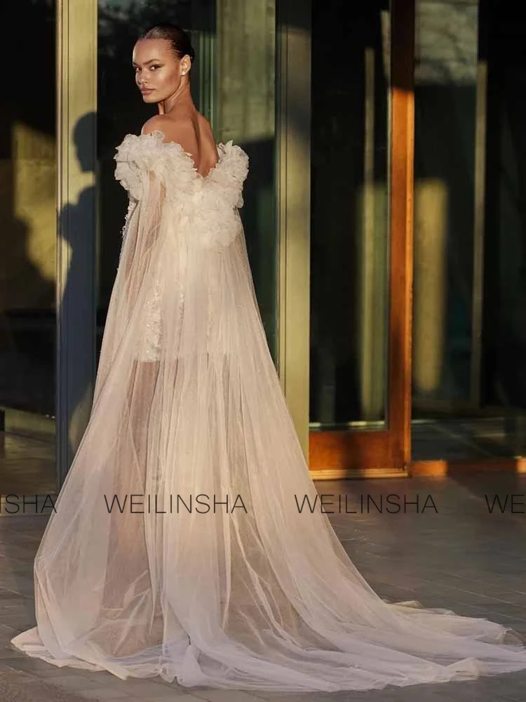 Glitz and Glam Wedding Dresses Women Tulle Sheath/Column Wedding Party Dresses Ivory Off-the-shoulder Lace Cloak Wedding Dresses