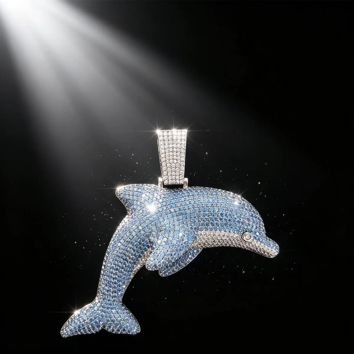 Hip Hop 3D Dolphin Pendant 18K Gold Plated Bling Animal Charm Necklace Statement Fully Micro‑Paved Sparkling Blue 18K Gold Plated Fine Jewelry Perfect Party Club Daily Wear Hipster Rapper Gift Unique Ocean Theme Ornament For Men Women Streetwear Accessory