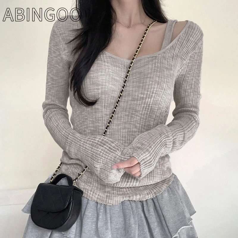 

ABINGOO Simple Casual Two-piece Set Long-sleeved T-shirt Solid Versatile Pit Stripes Pullover Round Neck Bottoming Tops Autumn