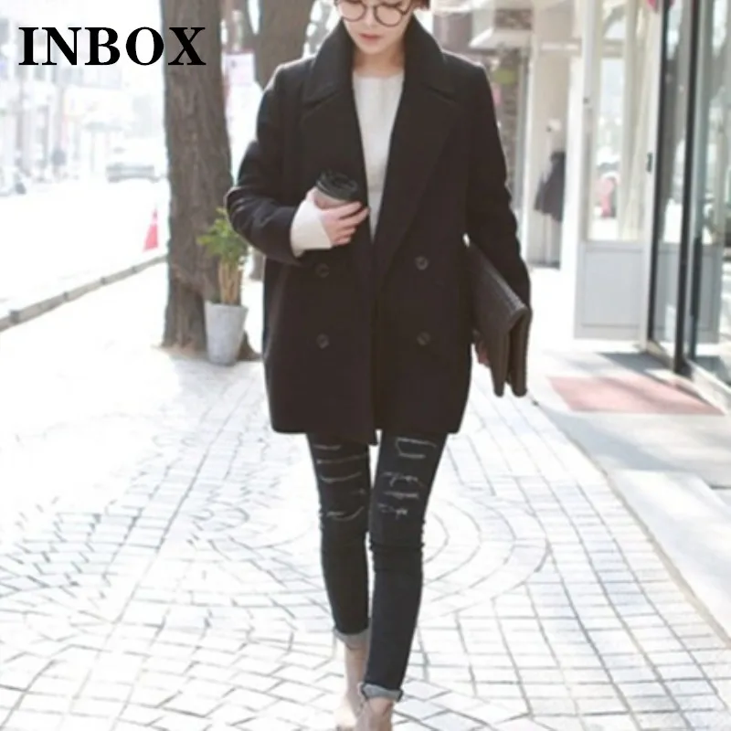 

INBOX Autumn And Winter Thick Coat Woman Casual Loose Solid Black Woolen Korean Fashion Office Lady Coats