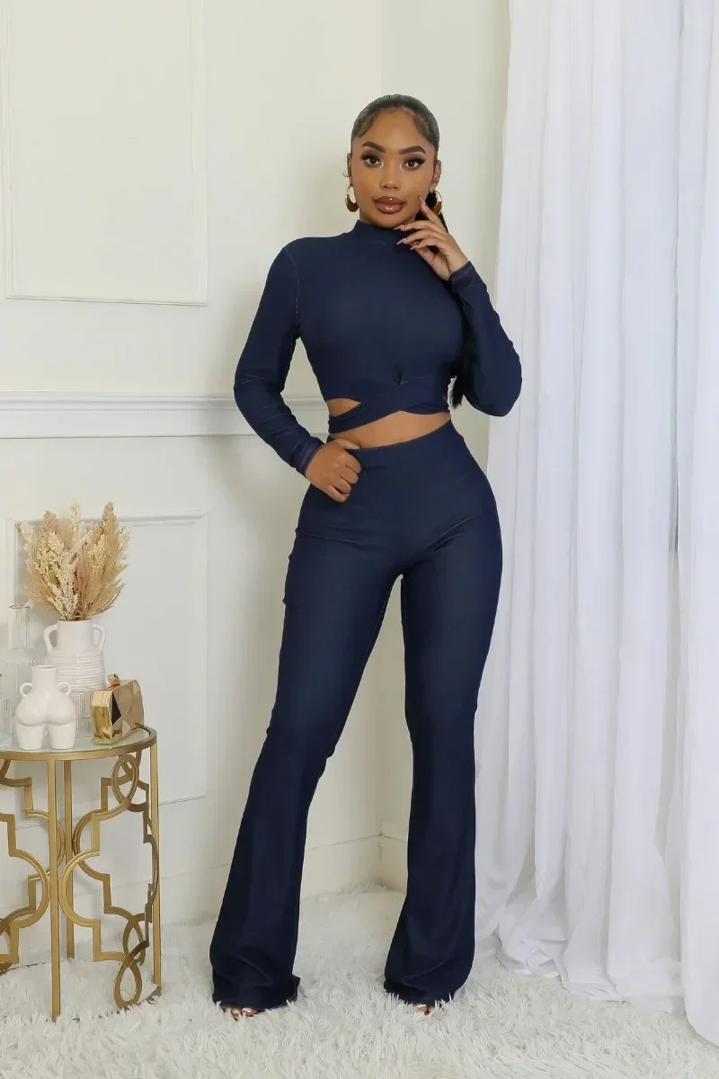 

GUWU Elegant Two Piece Set for Women Clothes Long Sleeve Bandage Crop Top and Flare Pants Womens 2 Piece Outfit Clubwear