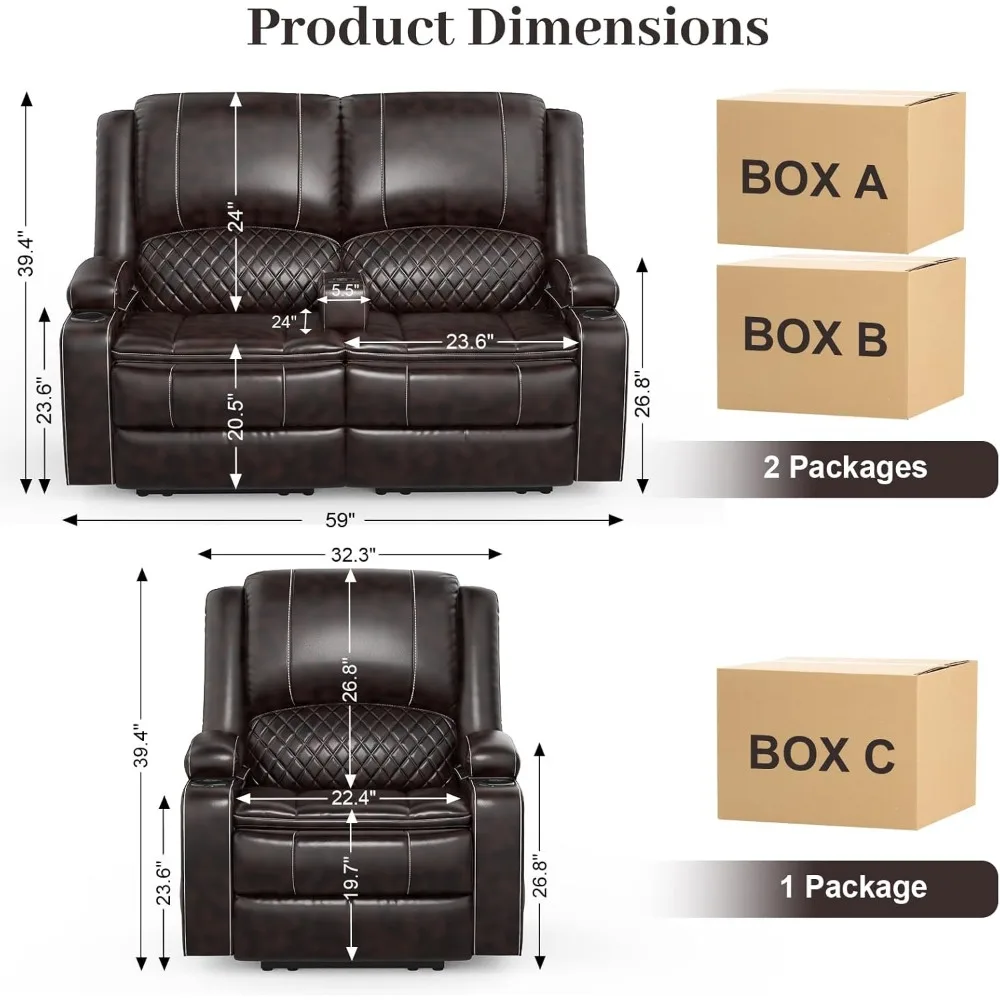 Recliner Sofa Set with 2-Tier Cushion, 2+1 Pieces in Living Room, 2 Seater Reclining Loveseat Leather with Removable Console