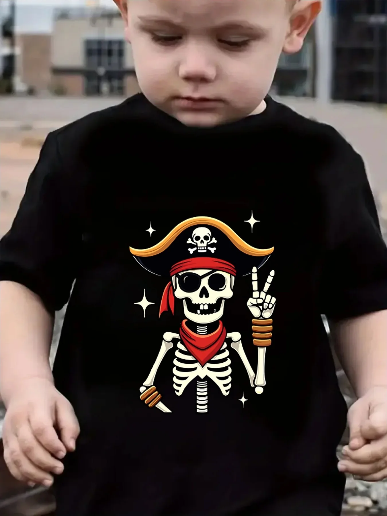 Cute Pirate Skeleton Halloween Cartoon Art Graphic Print Family Matching Short Sleeve Tee Boys Girls Kids Casual Daily Tops