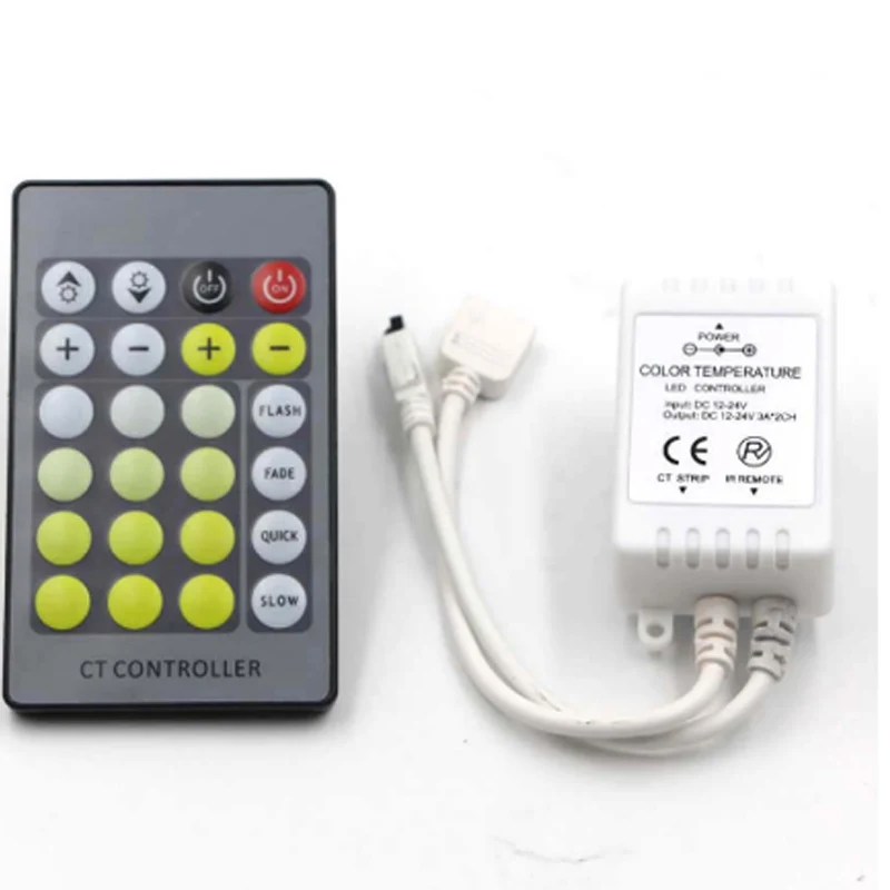 Dual Color LED Strip Controller 24-Key Wireless IR Remote Dimmer for DC 12V 24V BiColor Bar Lamp Module Lighting Fixture Control