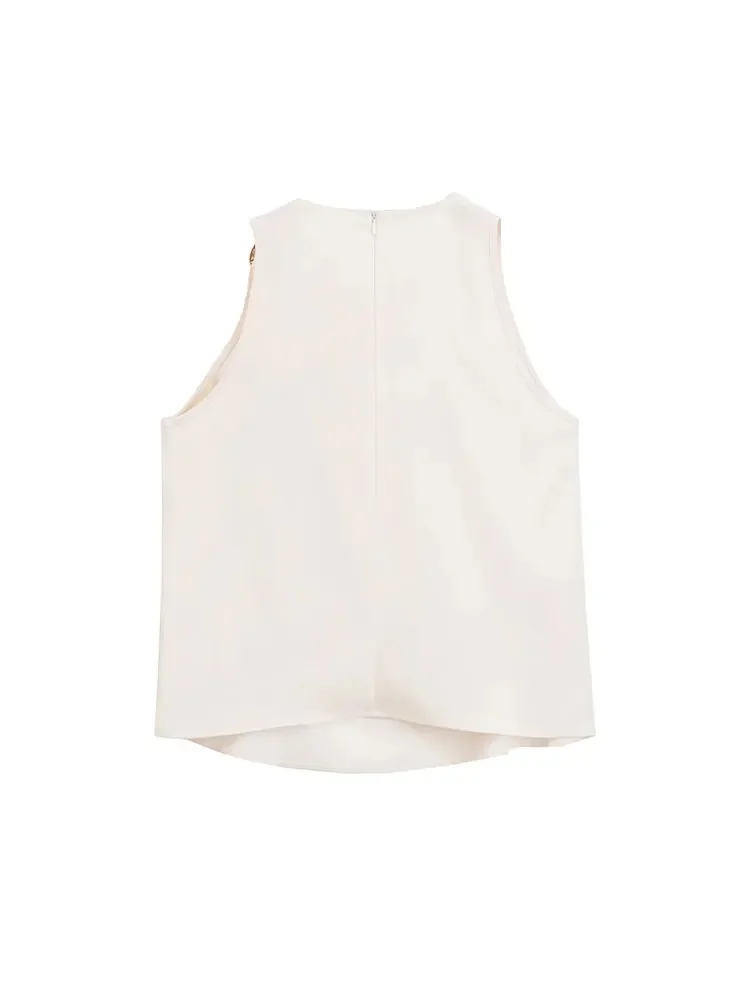 Nlzgmsj TRAF 2024 White Blouse Women  Sleeveless Draped Collar Ladies Loose Pullover Tank Tops