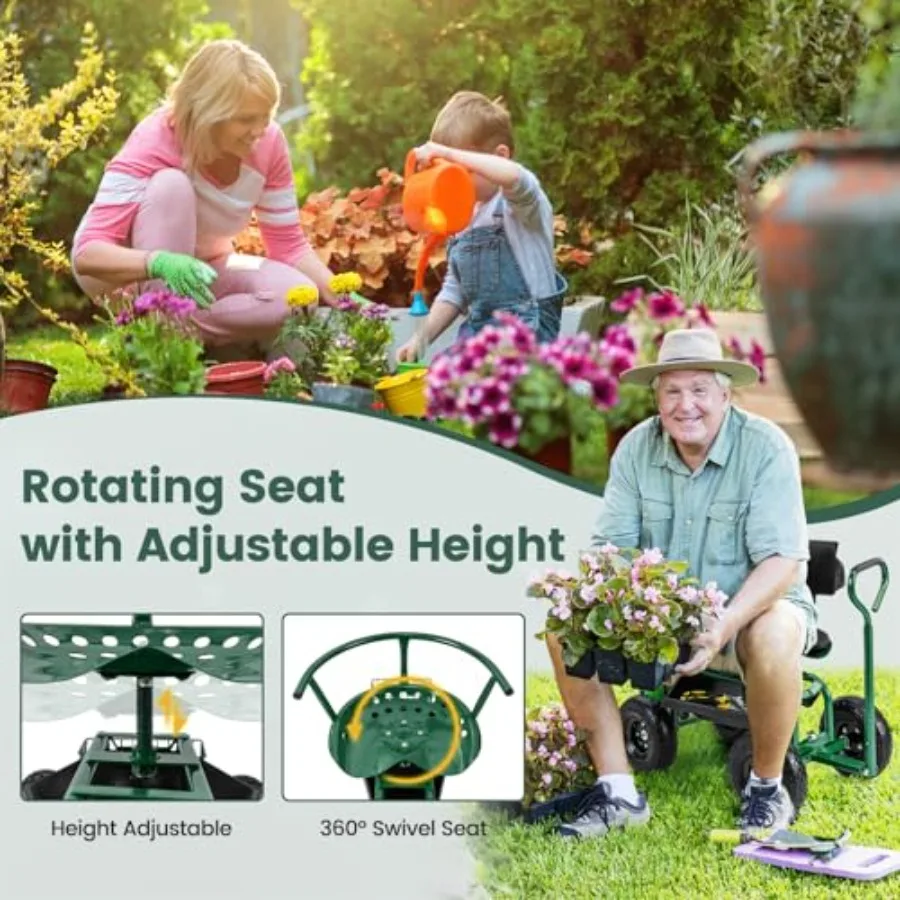 Garden Seat with Wheels, Rolling Gardening Stool with Adjustable 360° Swivel Seat, Tool Tray and Storage Basket, Extendable Han