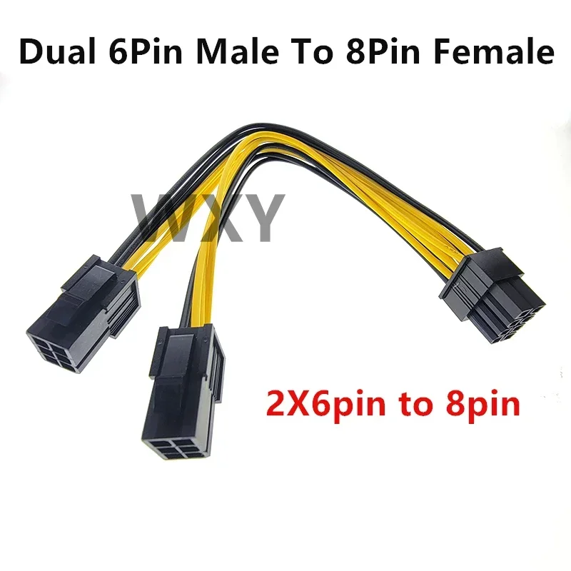 Dual 6Pin Male PCI-E to 8Pin Female GPU Video Card Power Supply Cable 2X6pin to 8pin 18AWG Y-Splitter Adapter for Graphics Card