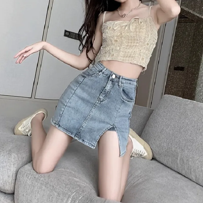 Internet famous split denim skirt for women's summer new retro spicy girl bag buttocks, high waist, slimming A-line