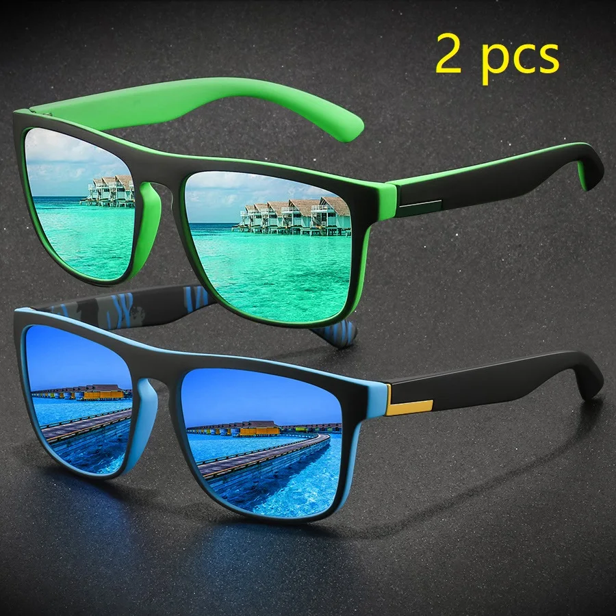 2 Pieces Fashion Vintage Square Sports Sunglasses Men Women Driving Fishing Brand Designer Sun Glasses Retro Man Eyewear UV400