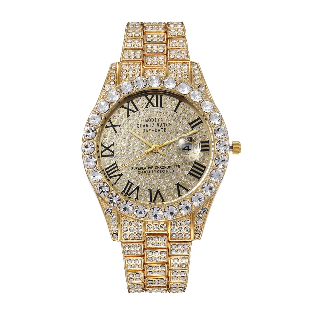 Waterproof full diamond rhinestone calendar full diamond face Roman alloy steel strap watch all day star hip-hop unisex