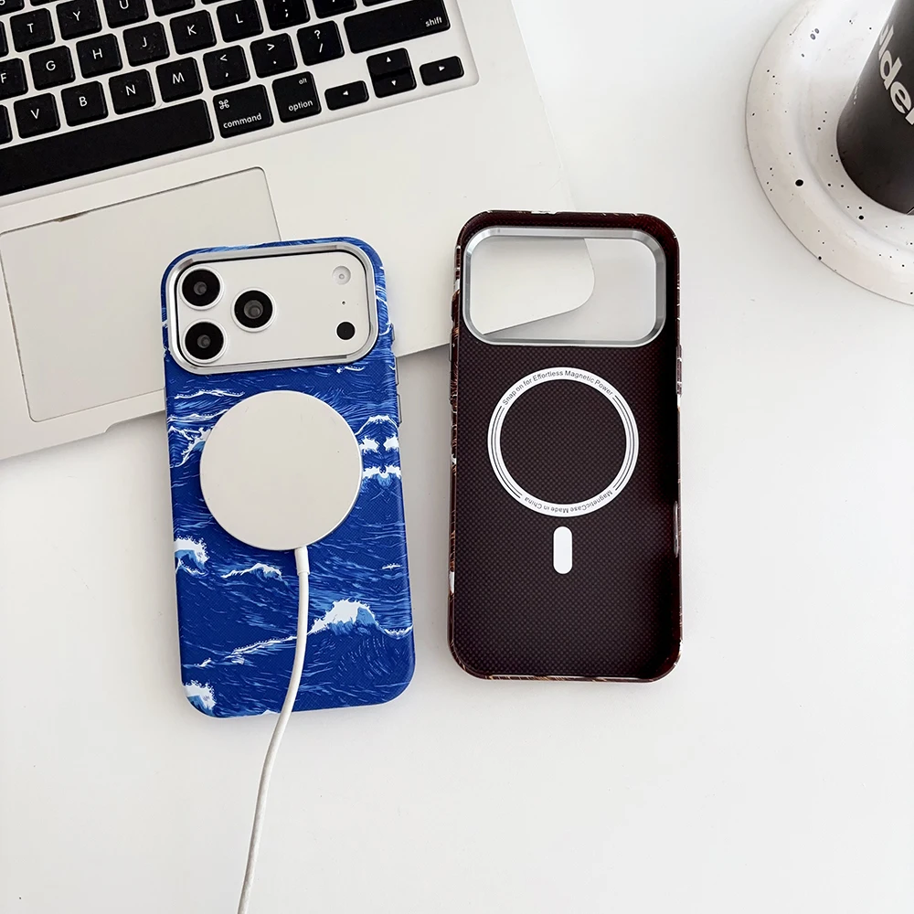 Kevlar-Kohlefaser-Meerwellenmuster PC-Magnetische Hülle für iPhone 17 Air 16 15 14 13 Pro Max für Magsafe Rahmenlose Abdeckung – Detail 6
