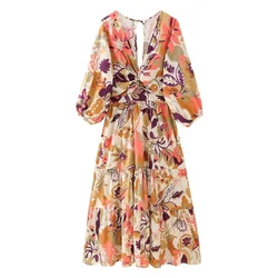 2024 Women's Fashion New Printed Poplin Bubble Sleeves Loose Design Dress