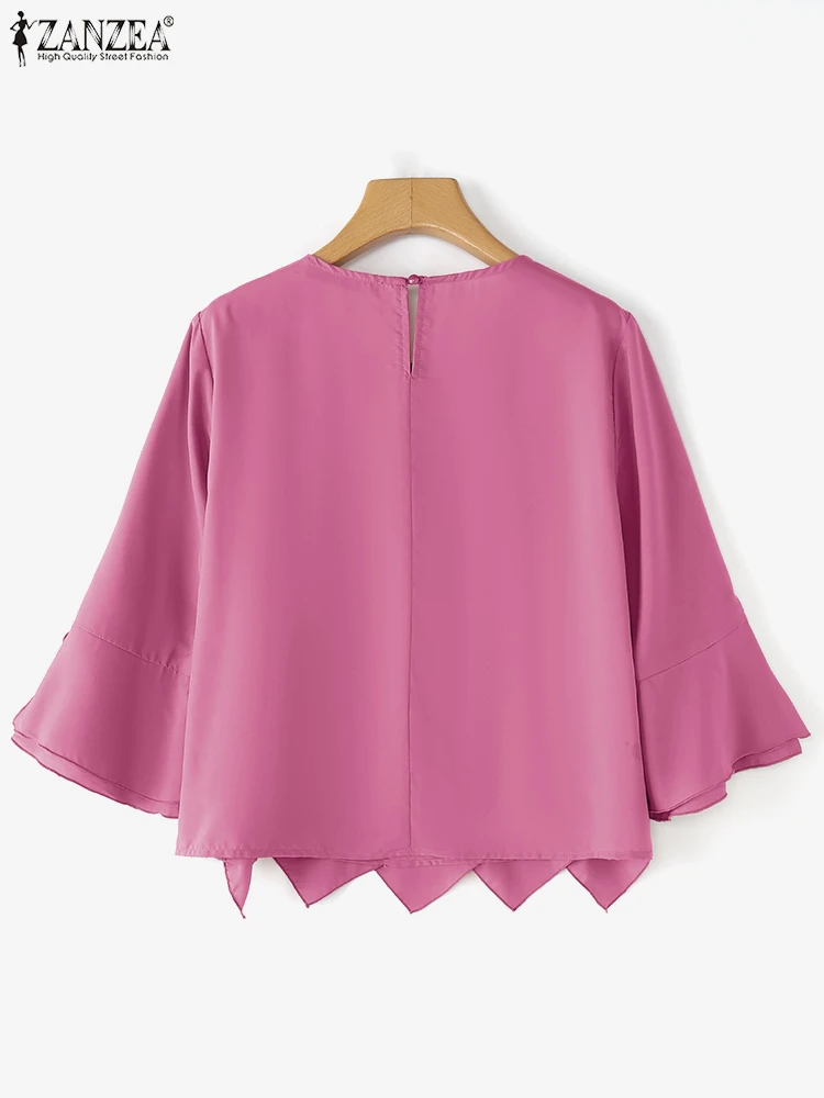 Summer Blouse 2025 ZANZEA Stylish Tops Women Asymmetrical Fashion 3/4 Flare Sleeve Solid Color Pleated Shirt Casual Blusas Tunic