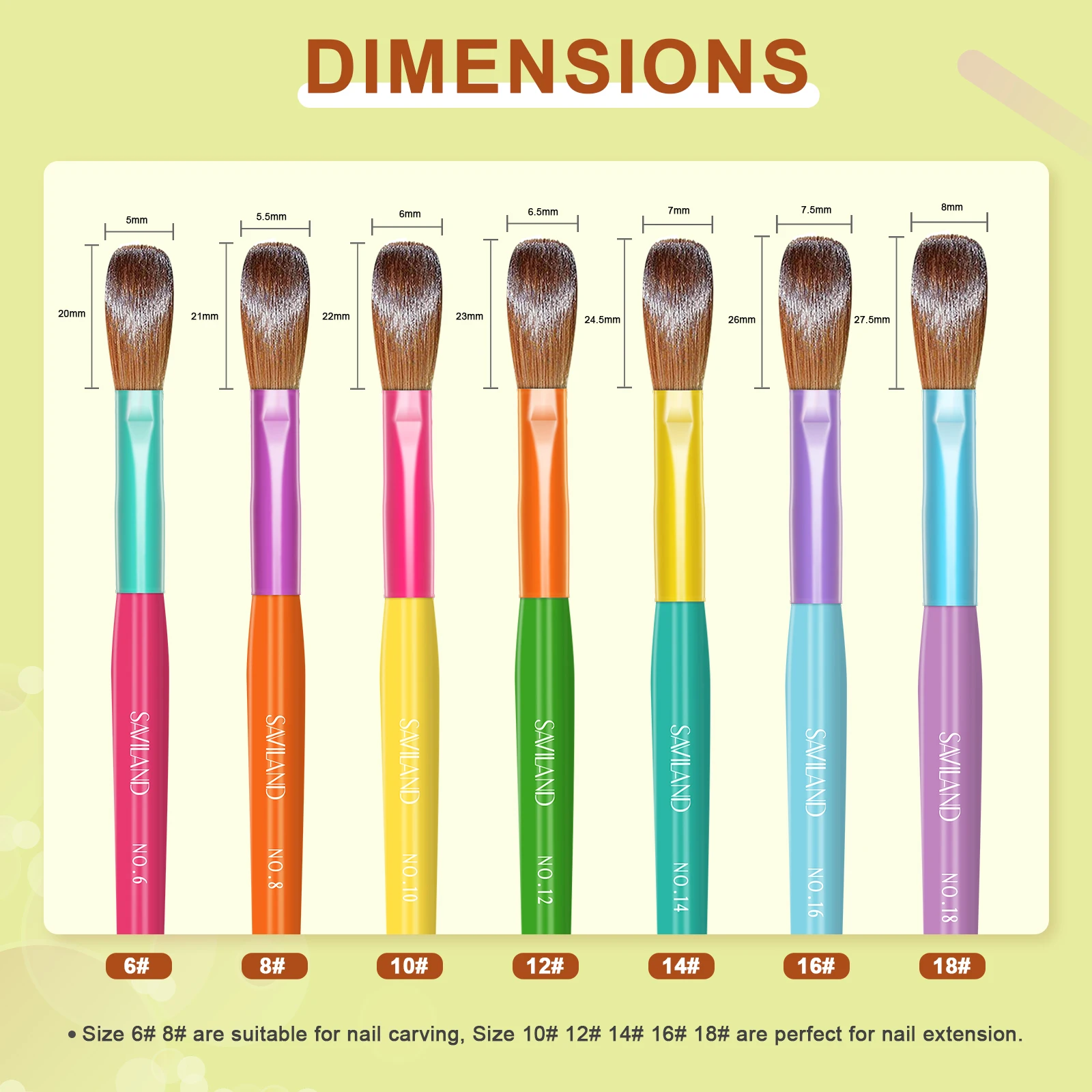 مجموعة فرش أظافر أكريليك مكونة من 7 قطع من سافيلاند # 6/8/10/12/14/16/18 مسحوق أكريليك تمديد فرش الأظافر مسمار الفن ثلاثية الأبعاد نحت أدوات مانيكير