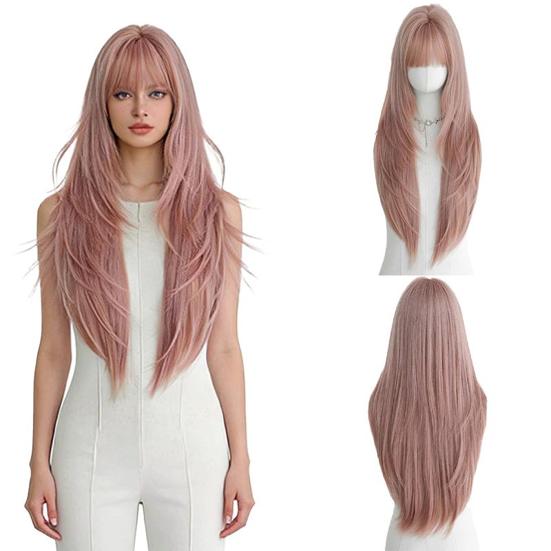 

Long Straight Dusty Pink Wig Layered Full Head Wig with Air Bangs Heat Resistant Synthetic Fiber for Daily Wear Cosplay Party