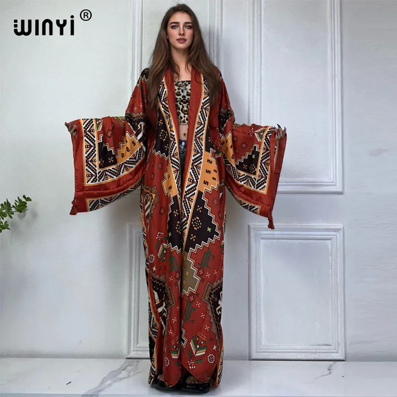 WINYI lato 2024 drukuj okrycie plażowe strój kąpielowy eleganckie afrykańskie kobiety boho kardigan seksowna wakacyjna sukienka Kimono maxi z długim rękawem