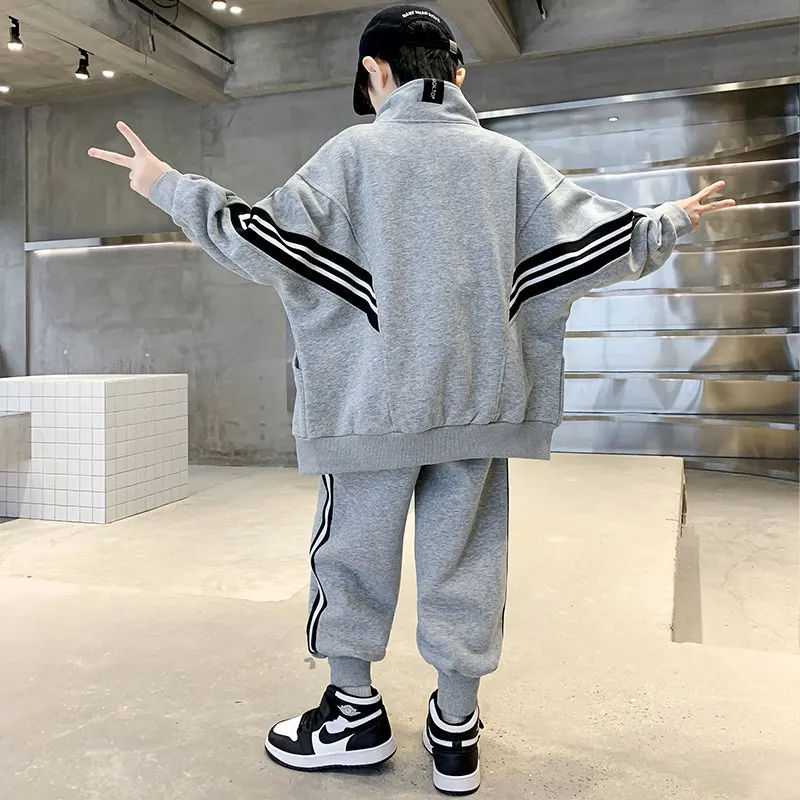 Teen Boys Clothing Set Kids Tracksuit Black Grey Cotton Loose Tops Pants Children Outfits Boy Sportswear 4 5 6 7 8 10 12 14Years image 3