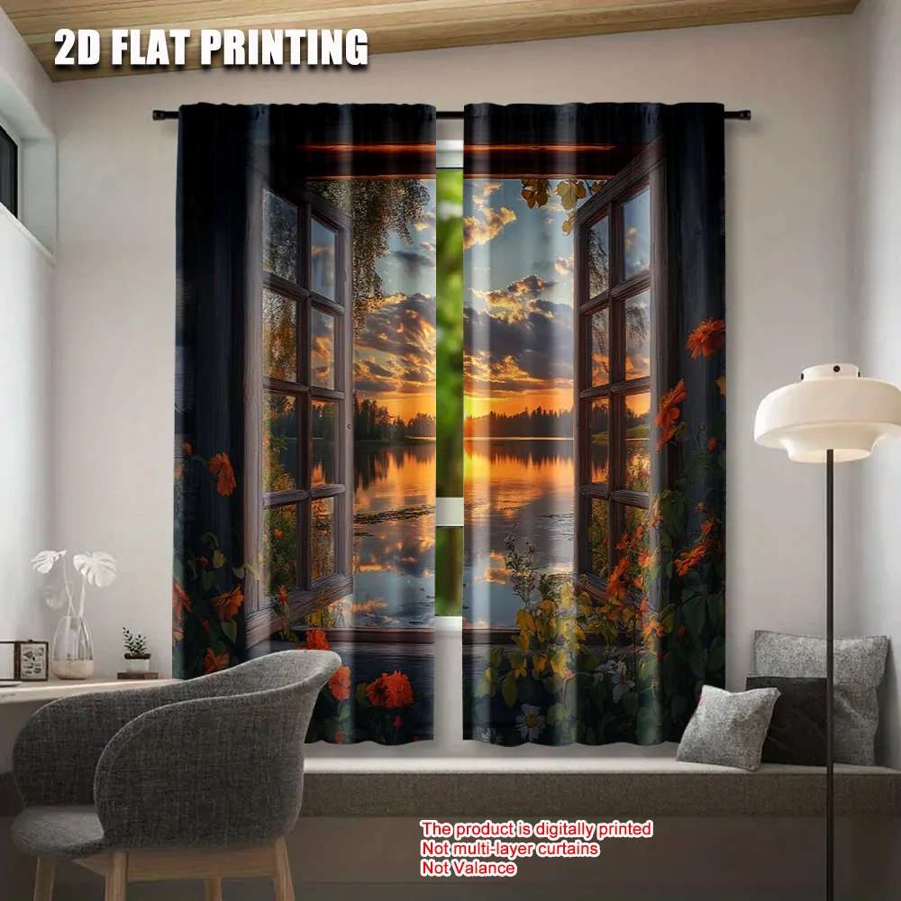 2pcs 2D flat printing Scene Curtains Country Style Quiet Lake View Machine Washable Polyester Without Electricity Birthday Party