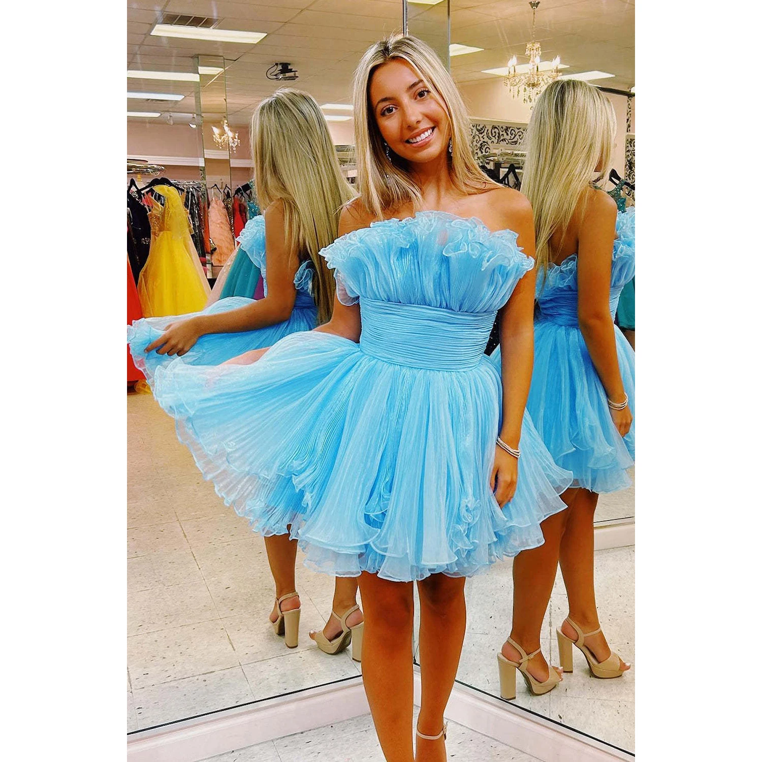 Blue A-Line Strapless Ruffled Short Homecoming Gowns Elegant Party Dresses 2024 for Wedding Plus Size Mini vestido coctel