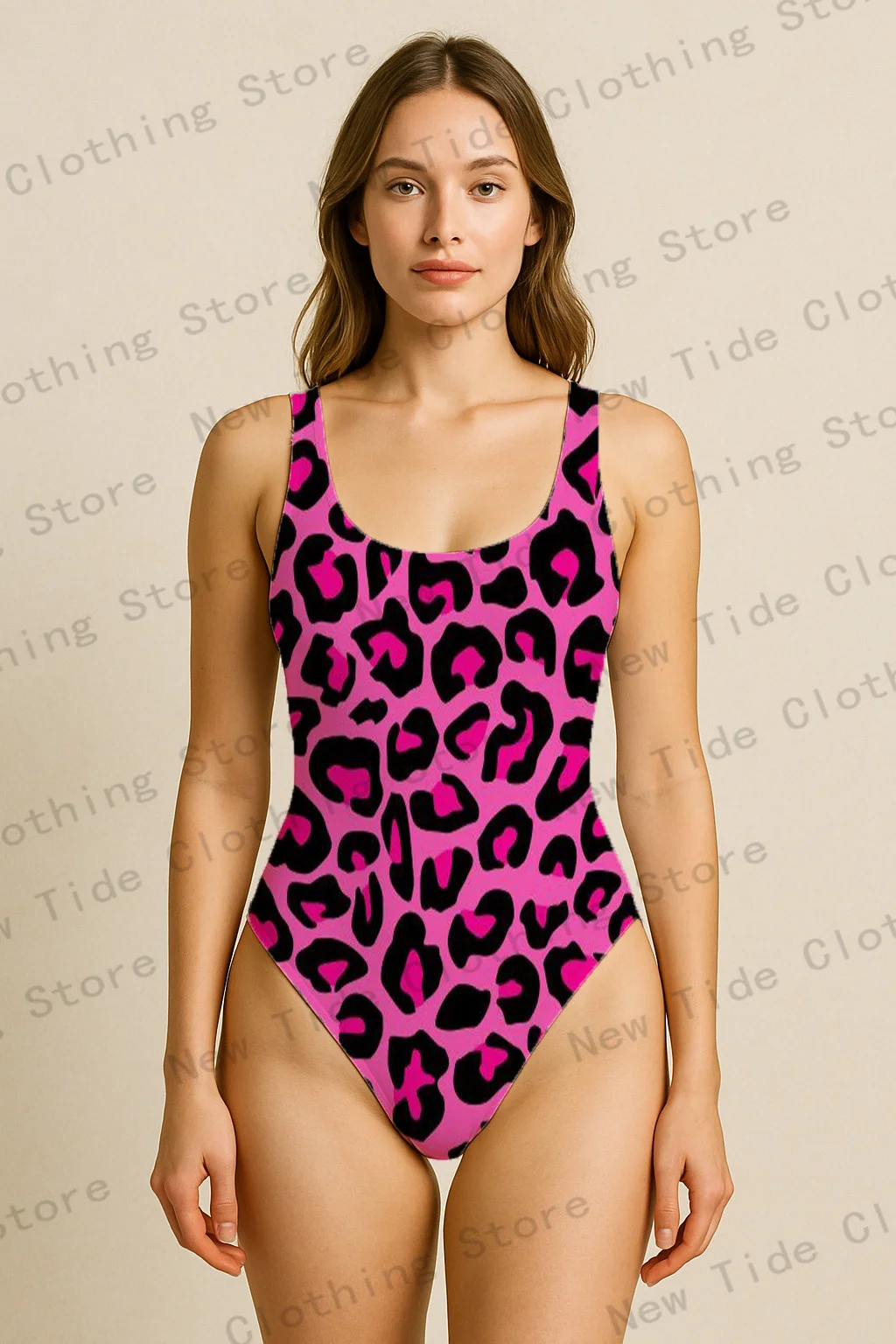 

Women's Pink Leopard Print One-Piece Swimsuit Sleeveless Slim-Fit Bathing Suit for Beach Summer Vacation Pool Party Outfit