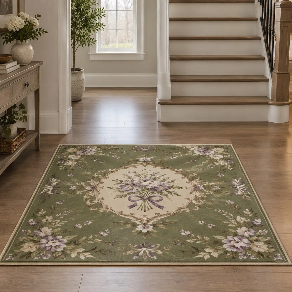 VIKAMA Floor Carpet Olive Green Moroccan Floral Wreath Sitting Room Fireplace Side Table Bedroom Modern Home Decor