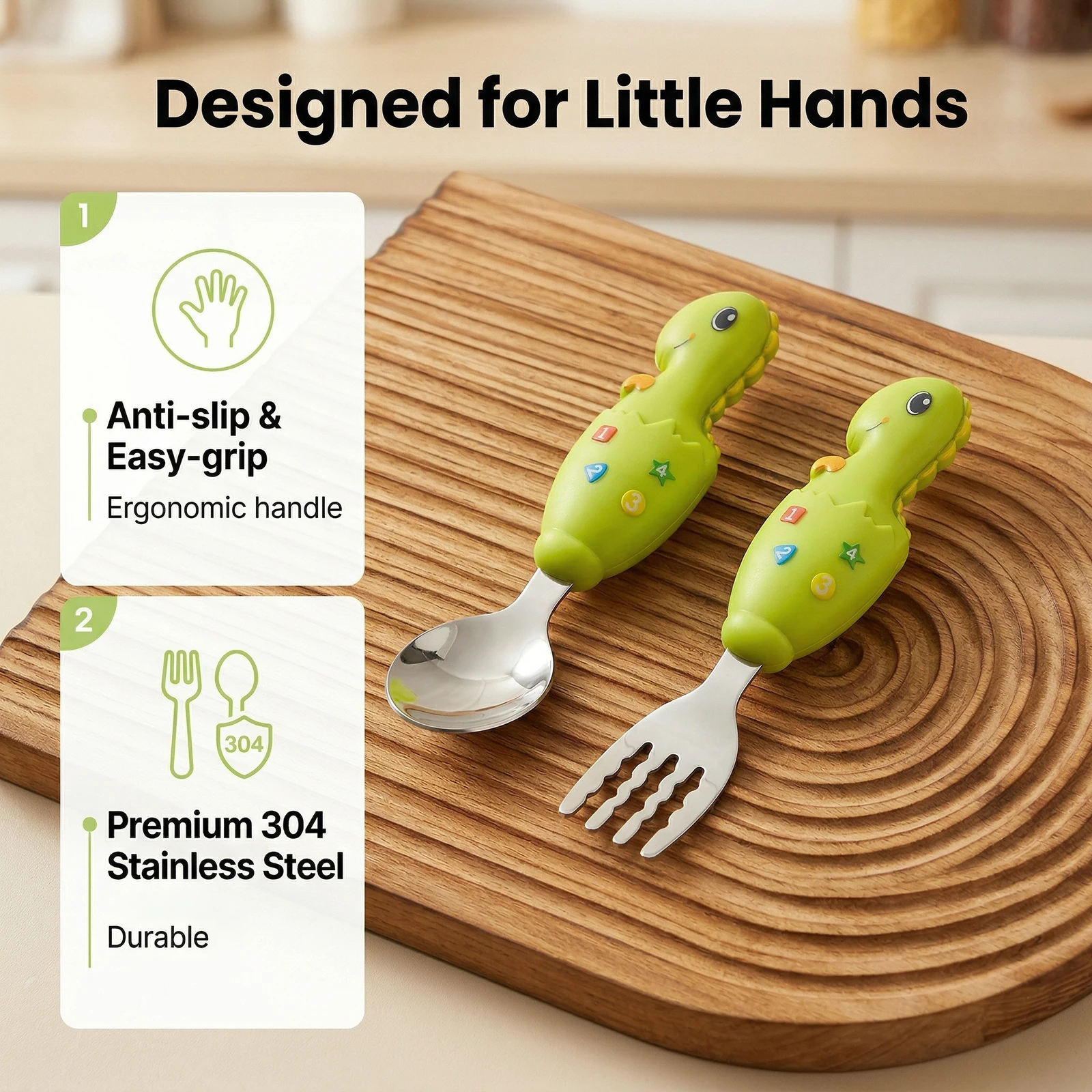 2 pcs Dinosaur-Shaped Children's Metal Cutlery Set With, 304 Stainless Steel Children Safe Forks and Spoons, Dishwasher Safe