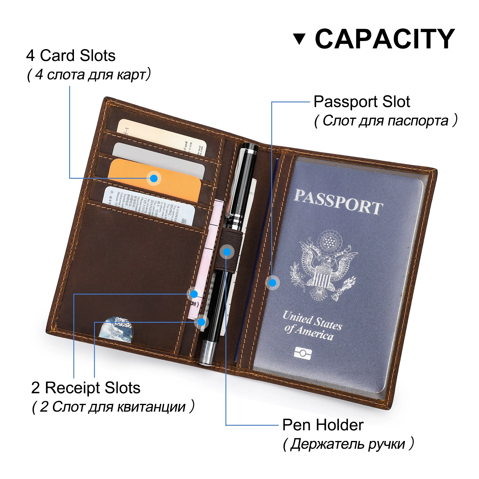 Retro Leather Passport Cover RFID Blocking For Cards Travel Passport Wallet Document Organizer Case With 1 Pen Holder Men Women