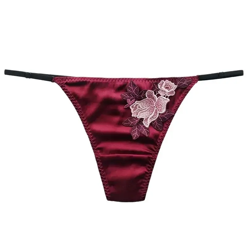 BirdTree 93%Mulberry Silk Sexy Briefs, Women's Embroidery Low Waisted, Erotic Thin Band Breathable Thong, 2024 Summer P43302QC