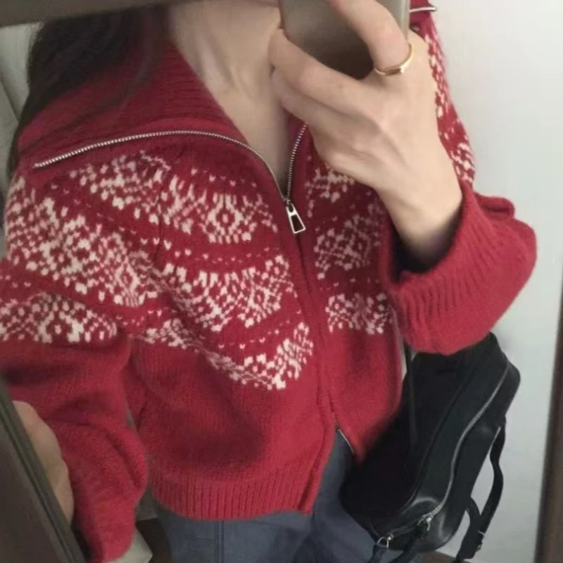 캐주얼 루즈 자카드 지퍼 니트 가디건 가을 겨울 신상 크리스마스 레트로 스타일 스웨터 의류 상의