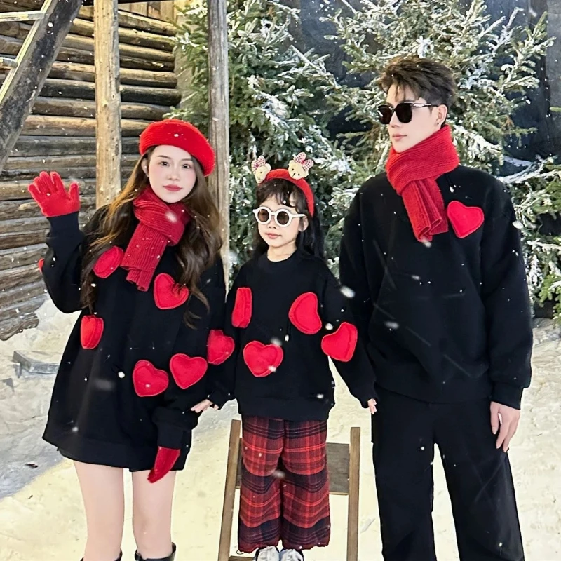 2026 Family Matching Outfit Red Fleece Sweatshirts with 3D Heart Design for Parents Kids Toddler Warm Winter Chinese New Year