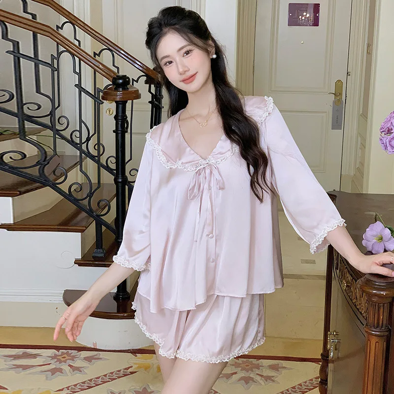 Summer Short Sleeves Ice Silk Sleepwear Sweet Pink Doll Collar Short Two-Pieces Pajamas Loose Design Cardigan Loungewear PYJS