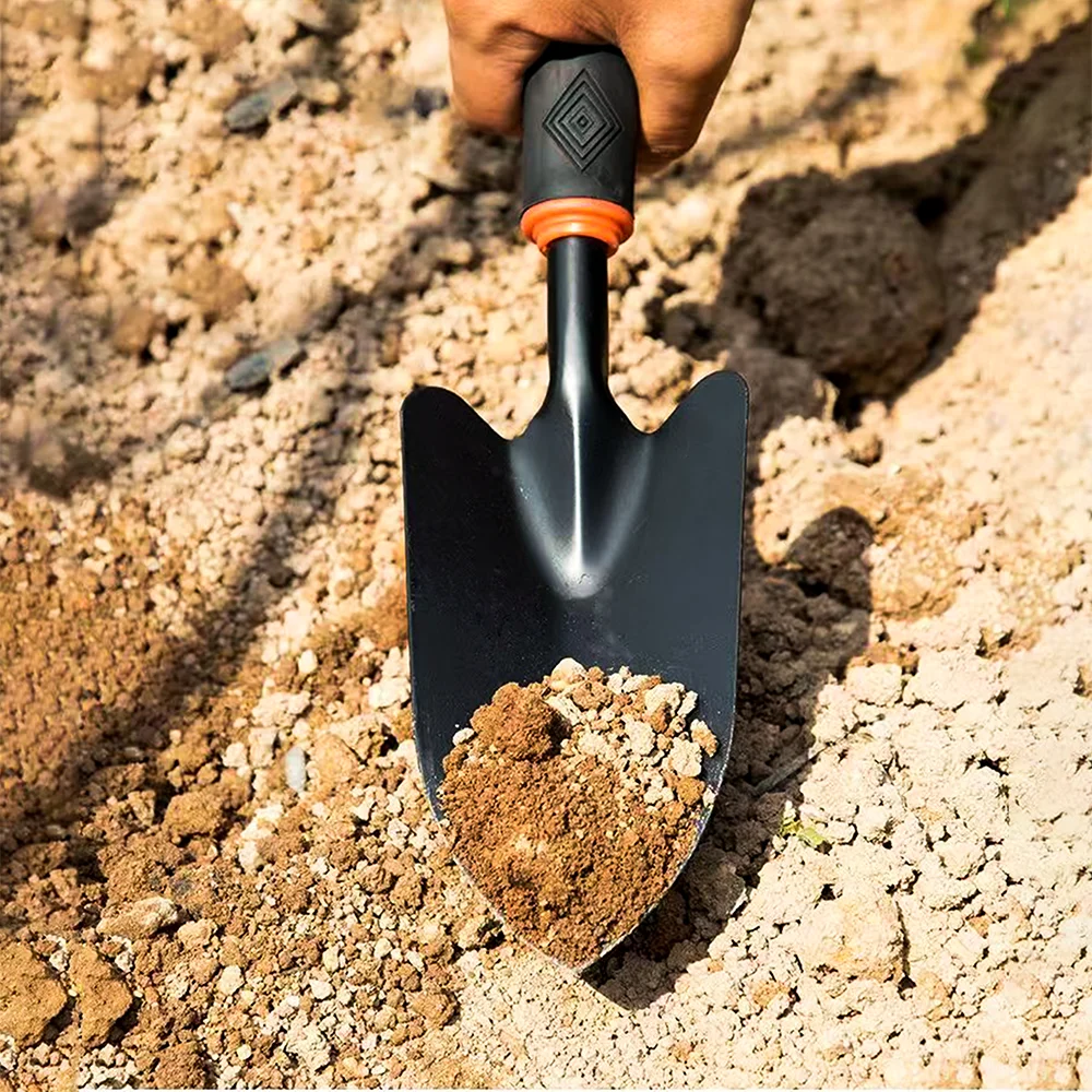 Metal Garden Trowel With Ergonomic Black Handle Orange Trim Ideal Gardening Tool For Planting Flowers Vegetables And Digging