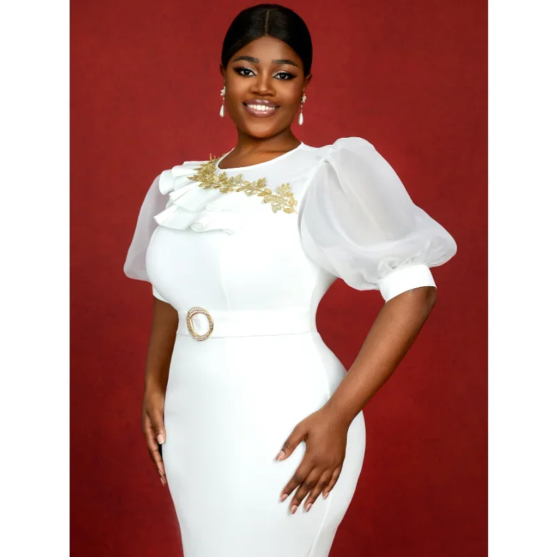african Dresses for women White Bubble Sleeve Mesh Patchwork Ruffle Party Dress Elegant Women Wedding Guest Birthday Classy