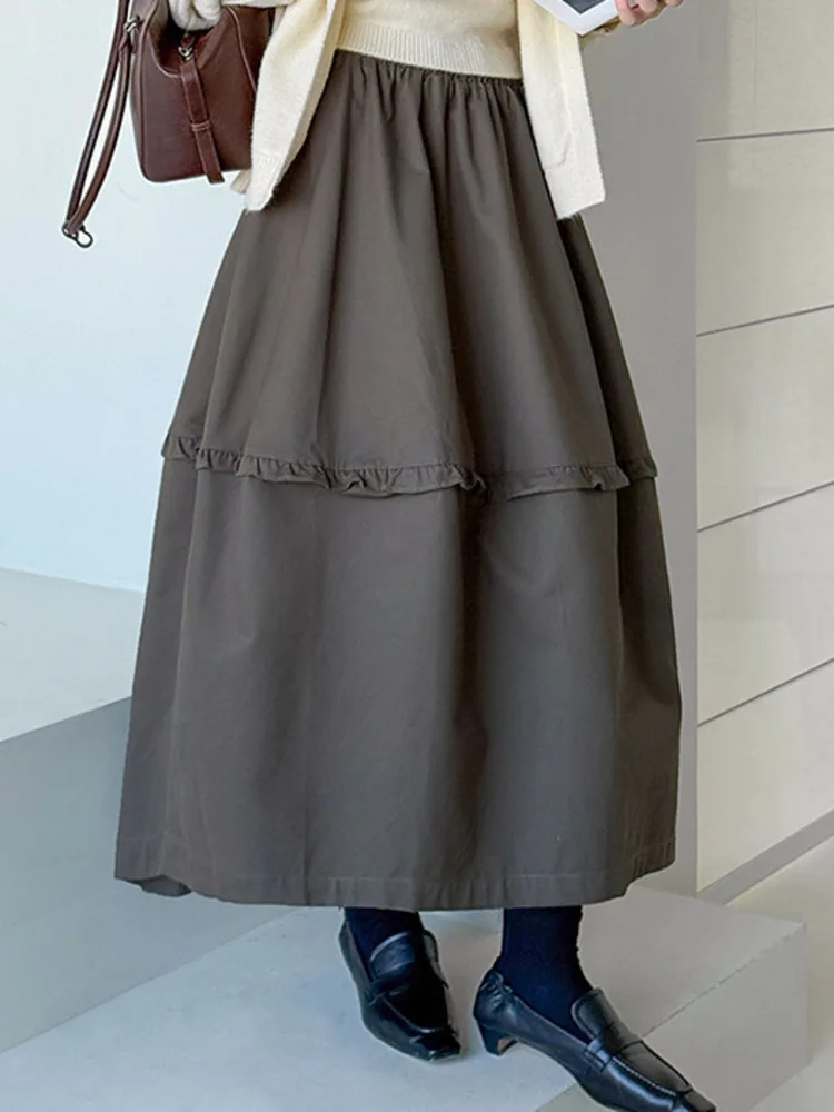 

Autumn New Korean Style Lace Design Midi Ruffle Skirt Women Fashionable Elegant Long Skirts