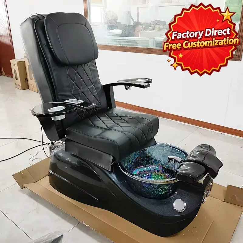 Pedicure Chair for Nail Salon, Black Reclining Foot Spa Chair Iridescent Glass Foot Bath, Tray Armrest & Remote