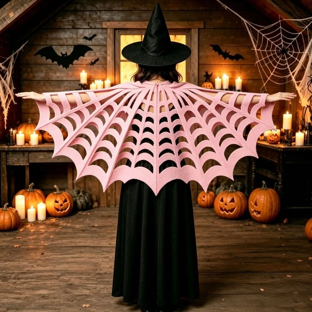 Solid Color Halloween Cape Felt Material Hollow Out Spiderweb Shawl Adult Size Mesh Texture Cosplay Cloak Halloween Party