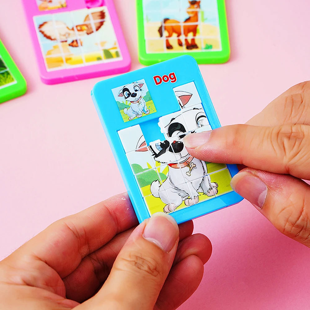 12 buah teka-teki hewan kartun mainan intelektual Jigsaw anak-anak pendidikan Mini 16 Grid permainan teka-teki geser hadiah ulang tahun anak