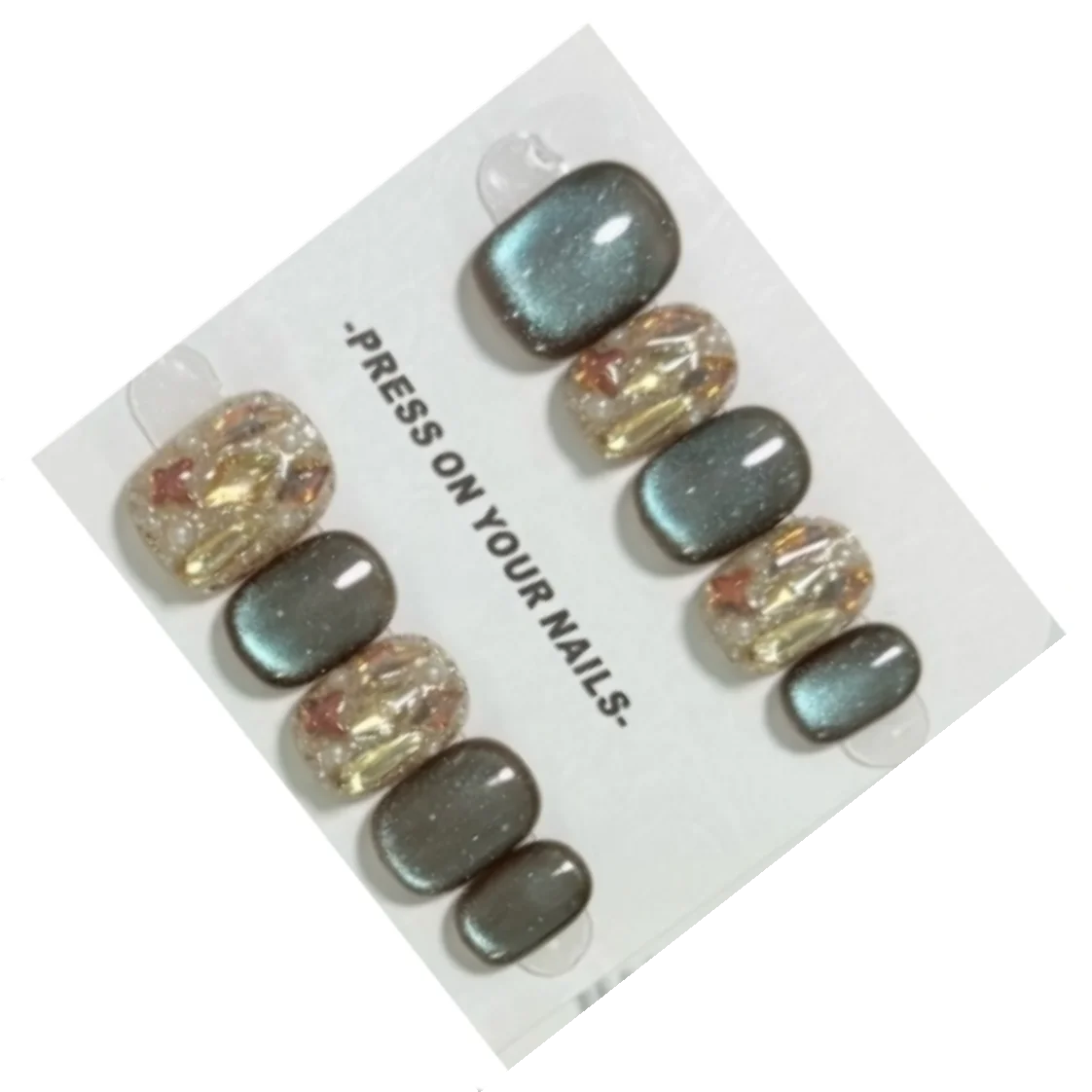 10 قطعة/1 صندوق أظافر قصيرة مصنوعة يدويًا بالضغط على أطراف أظافر باللون الأخضر الداكن مع ألماس عين القطة مناسبة كهدايا للفتيات أو الأصدقاء