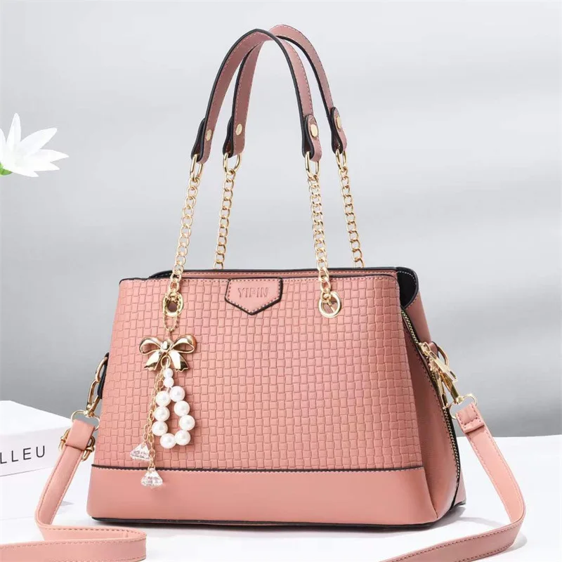 

New Solid Color Simple Joker Foreign Temperament Chain Pearl Splicing Large Capacity Handbag Tote Big Bag bags for women