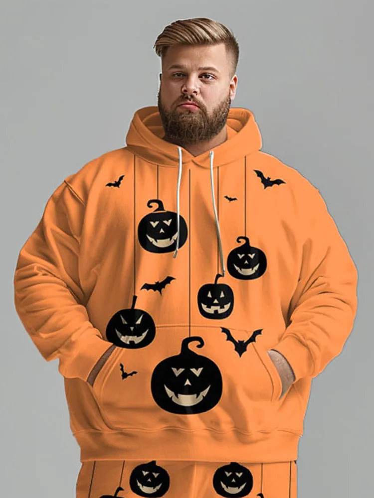 Biggmans Halloween Pumpkin Print Plus Size Outfit Casual Men Hoodie Long Pants Party Suit Club Male Trouser Pocket Two Piece Set