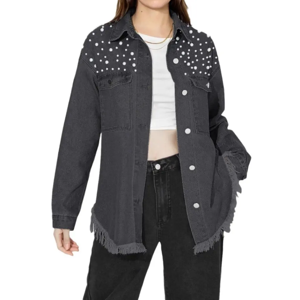 

Женская свободная джинсовая куртка с бисером в европейском и американском стиле, независимая станция для трансграничной внешней торговли на складе 210г. #