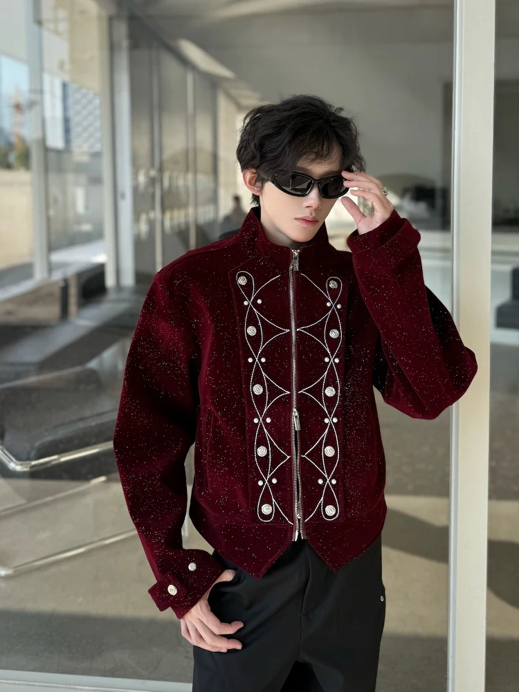 Cleanfit Metal Button Short Jacket Men's Spring Shoulder Pad Outerwear Baroque Star Pattern Polyester Fiber Long Sleeve