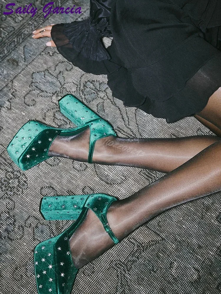 

Bling Star Square Heel Pumps Platform Green Suede Buckle Strap Heels Pointed Toe Women 2025 Spring New Fashion Dress Shoes
