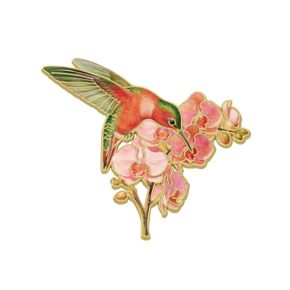 Zinc Alloy Hummingbird Flower Enamel Pin Chinese Style Vintage Metal Bird Floral Brooch Pin Delicate Gold Trim Animal Lapel Pins