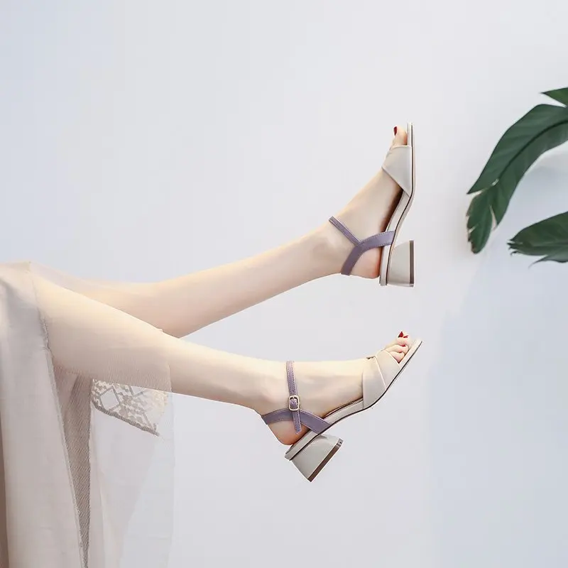 Fairy Style Square Head Color Contrast Open-toe Sandals Summer Thick Heel Fashion One-word Buckle Roman High Heel Women