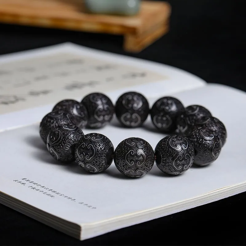 Indonesian Purple Sandalwood Inlaid Silver Wire 2.0cm Bracelet Wooden Handicraft Couple Mala Jewelry Holiday Gift
