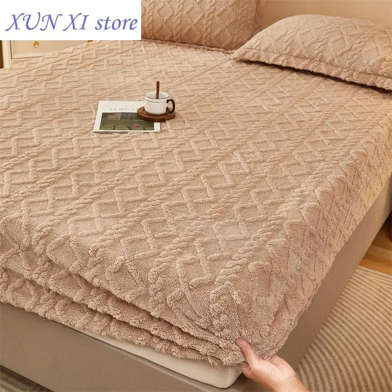 New Plush Bed Sheet for Winter Warm Bed Cover Queen/King Size Coral Fleece Thick Fitted Bed Sheet drap housse 180x200cm